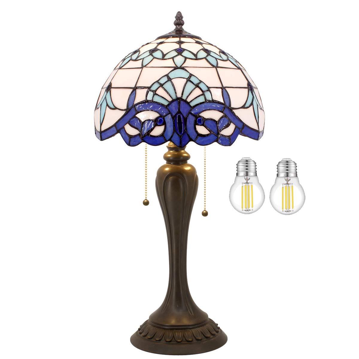 WERFACTORY Tiffany Table Lamp Navy Blue Baroque Stained Glass Style Desk Bedside Reading Light 12X12X18 Inches Decor Bedroom Living Room Home Office S003B Series