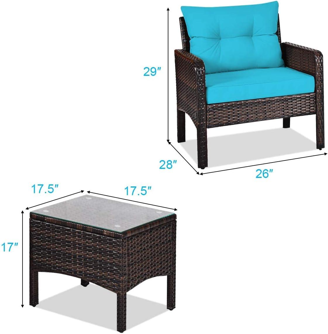 YYAo Garden Conversation Table Set, Conversation Loveseat Chairs Set, 3 Pcs Outdoor Patio Rattan Conversation Set with Seat Cushions-Turquoise