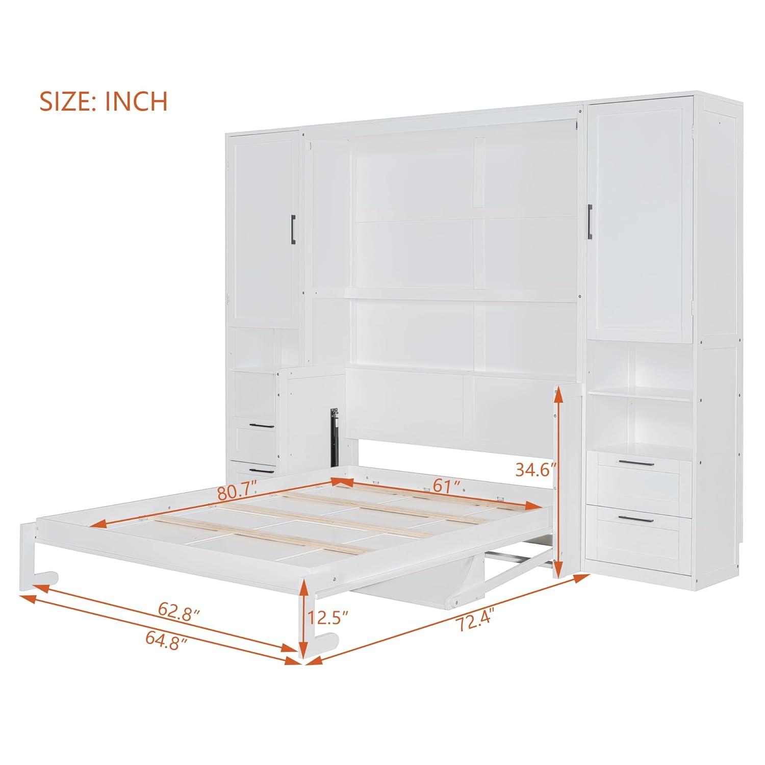 Harper & Bright Designs Queen Size Murphy Bed, Wooden Queen Wall Bed with Closet, Drawers and Shelves, White