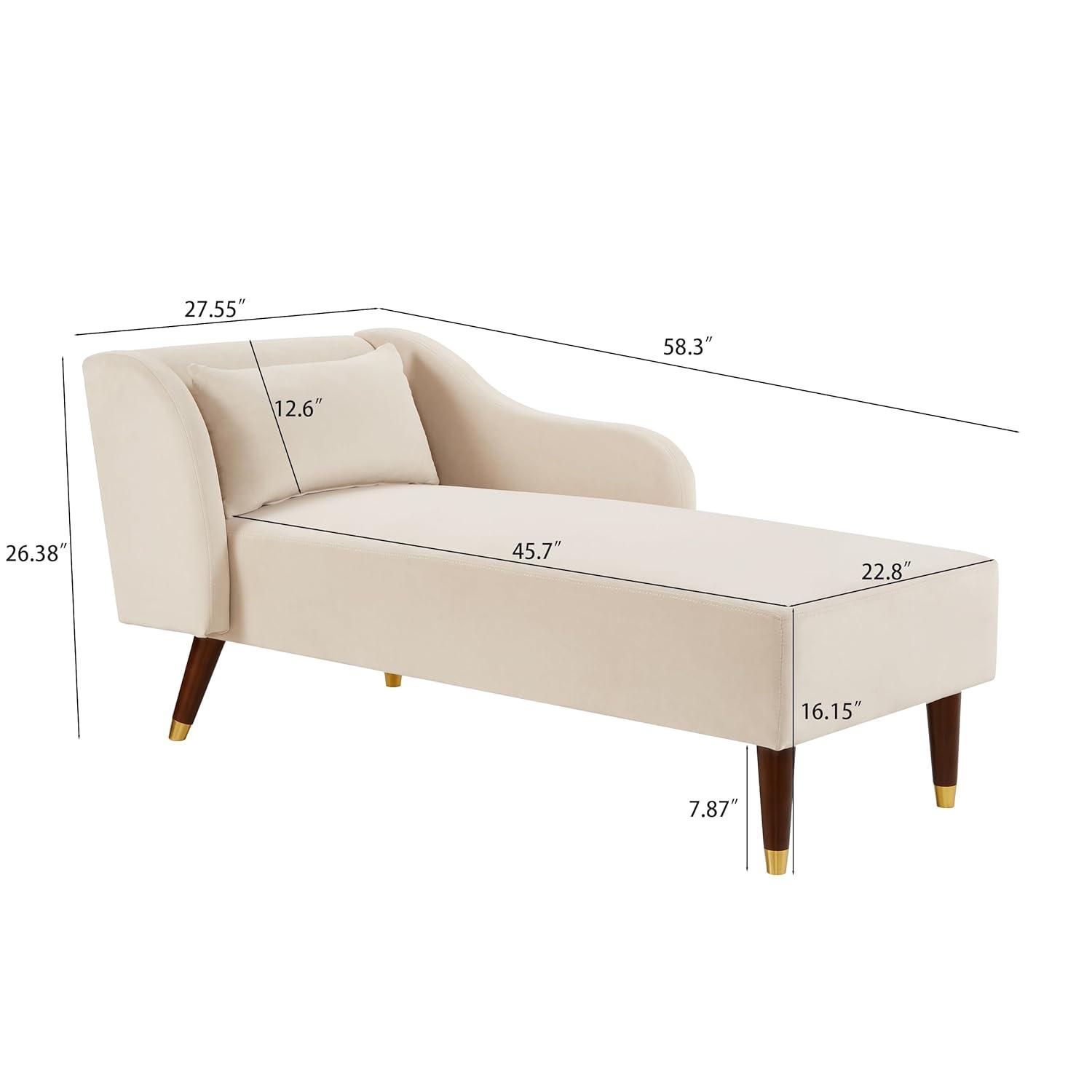 Chaise Lounge Indoor, Velvet Upholstered Lounge Chair with Pillow, Solid Wood Legs Modern Chaise Lounge Chair for Living Room Bedroom Office (Beige)