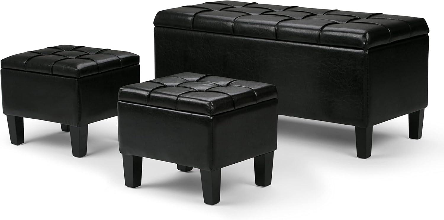 Dover Midnight Black Faux Leather 3-Piece Storage Ottoman Set