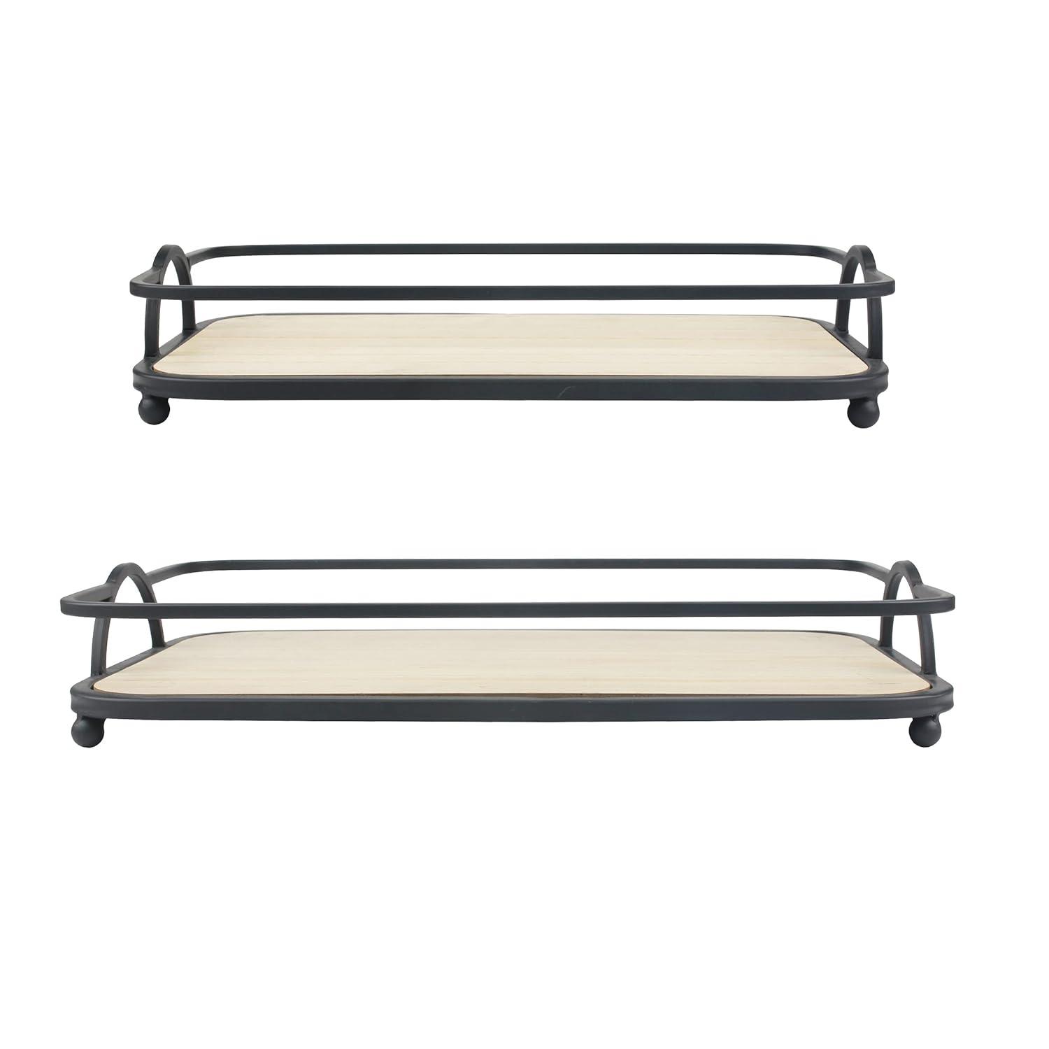 Stonebriar Solid Wood and Metal Decorative Tray Set, Black, 2 Pieces, 16.3" x 10.4"