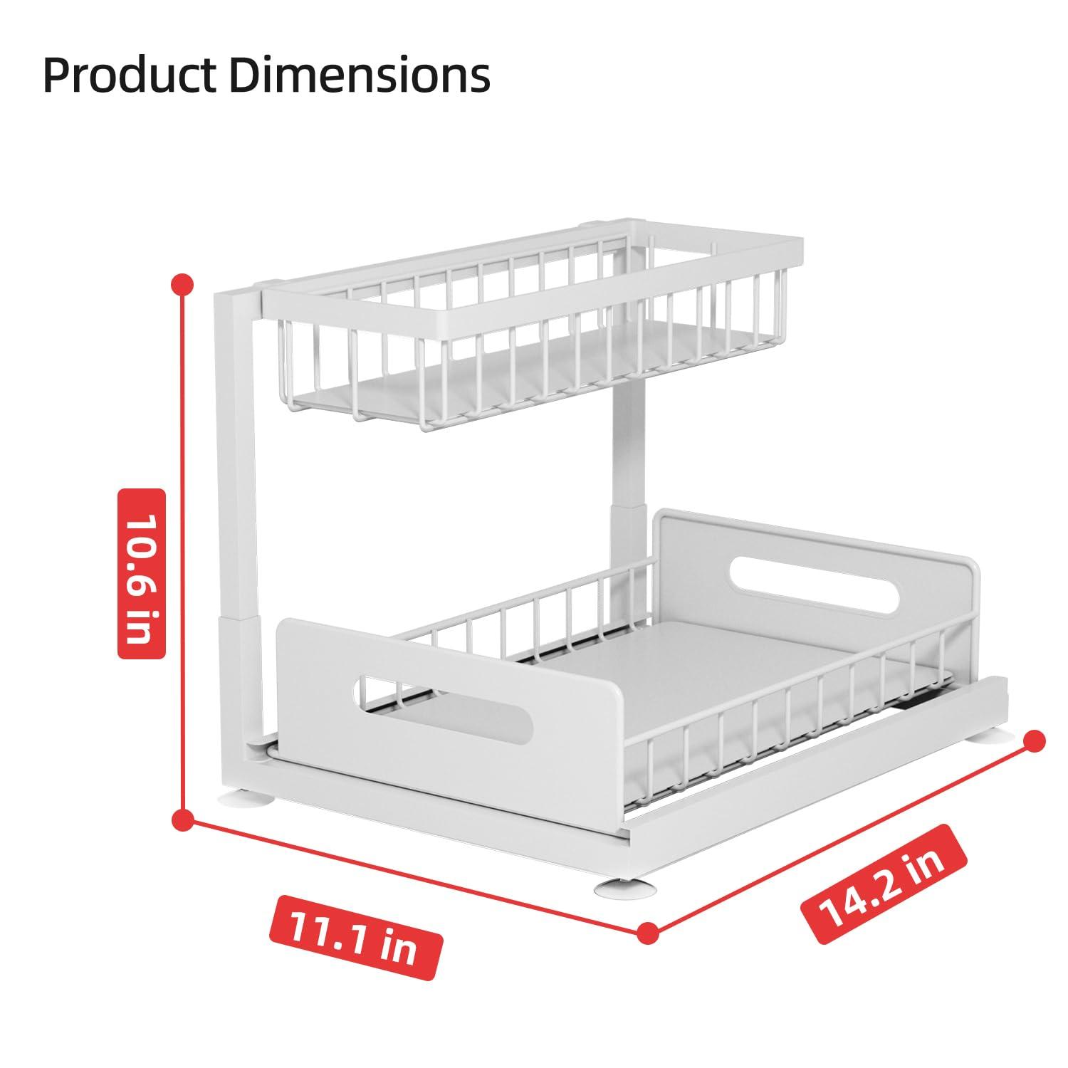 2-Tier Under Sink Slide Out Organizer, Pull Out Cabinet Storage Shelf with Sliding Wire Basket Drawer for Bathroom Kitchen, Countertop or Pantry Shelf, White