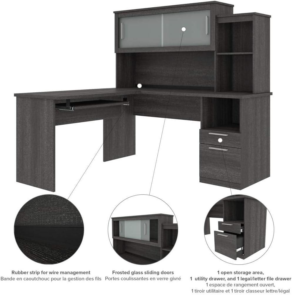 Bark Gray L-Shaped Wood Desk with Hutch and Keyboard Tray