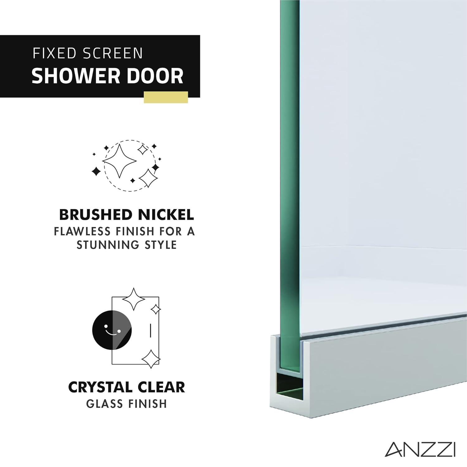 Veil Series 34” W x 74” H Frameless Glass Fixed Shower Screen Shower Door
