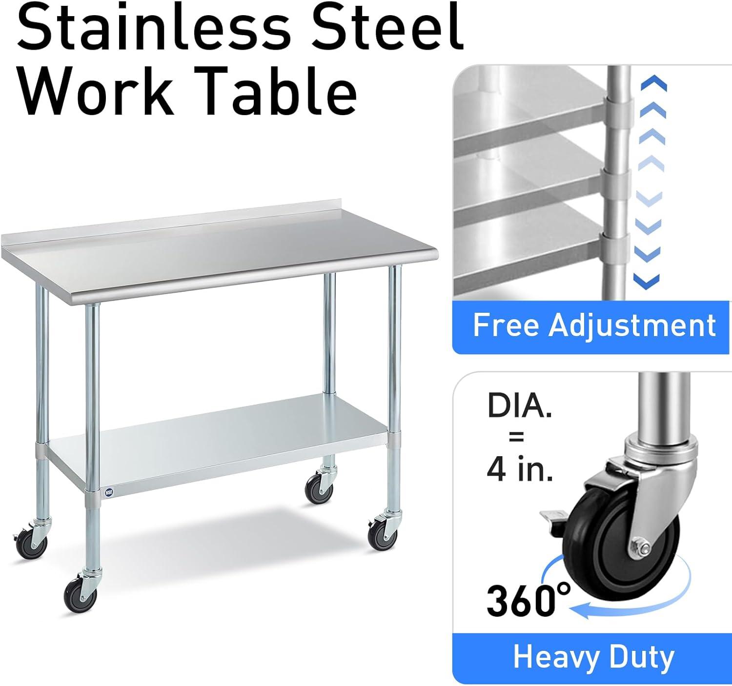 AmGood 60" Long x 24" Deep Stainless Steel Work Table With Open Base and Wheels | Mobile Metal Table
