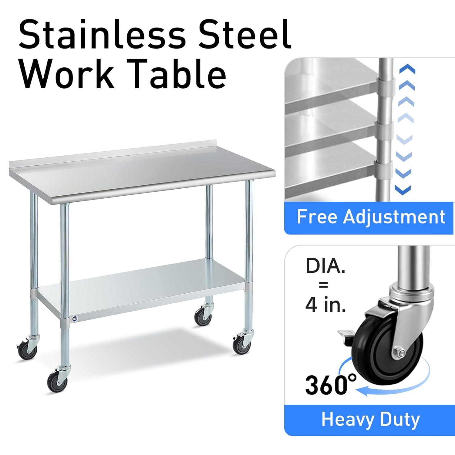 AmGood 60" Long x 24" Deep Stainless Steel Work Table With Open Base and Wheels | Mobile Metal Table