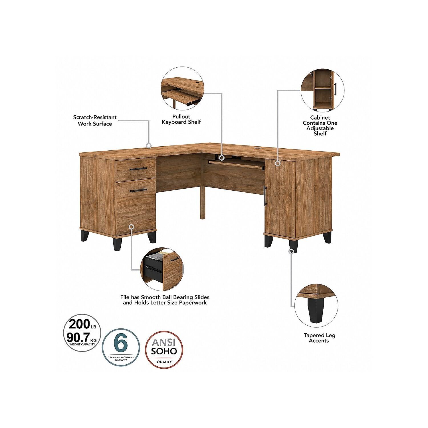 Bush Furniture Somerset 60 in L Desk with Keyboard Tray, File Drawer, Box Drawer and Storage Cabinet in Fresh Walnut (Ships in 2 Boxes)