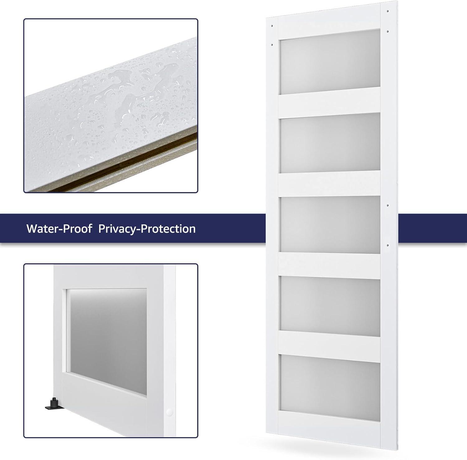 30in x 84in 5-Panel Sliding Glass Barn Door with 5ft Hardware Kit Included, Easy Assembly with Pre-Drilled Holes, Waterproof, Frosted Glass for Bathroom-Fit Max Opening 28in x 82in, White