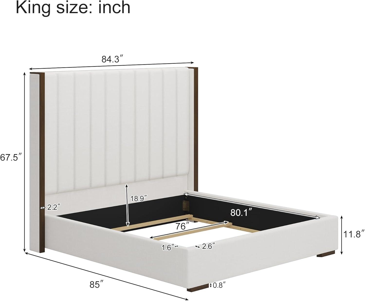 67.5" Tall Headboard Upholstered King Size Bed with Vertical Striped and Wingback Design, Box Spring Needed, Linen