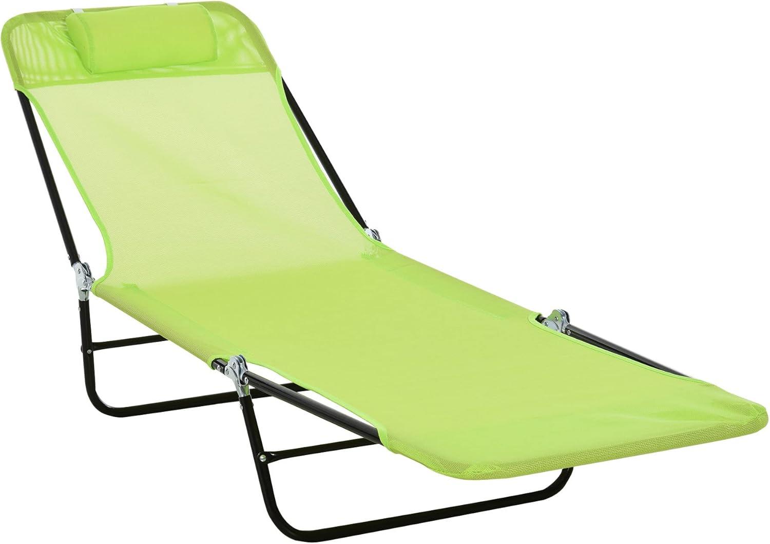 Outsunny Foldable Outdoor Chaise Lounge Chair, 5-Level Reclining Camping Tanning Chair with Breathable Mesh Fabric and Headrest, Green