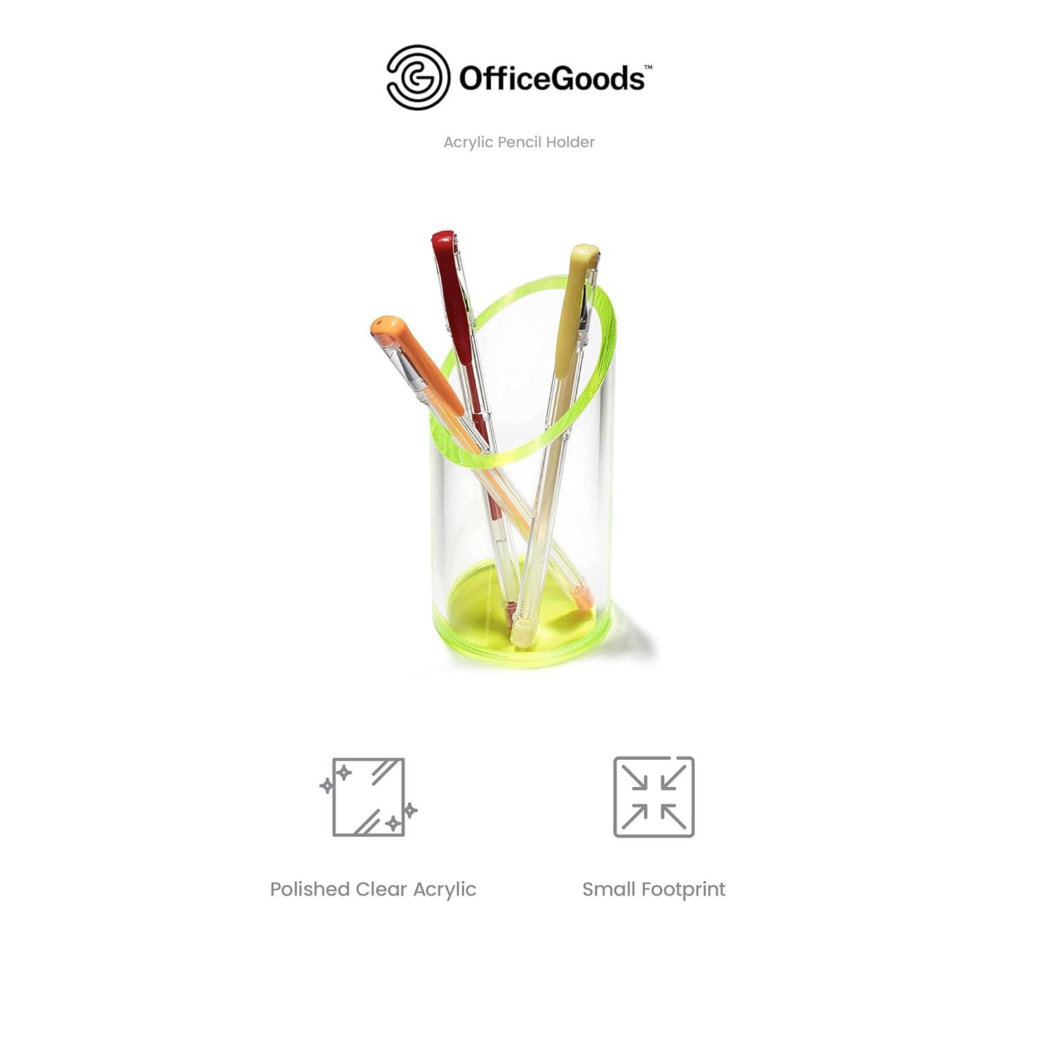 OfficeGoods Acrylic Pen and Pencil Holder with Neon Green Accents Home Office Desk Accessories