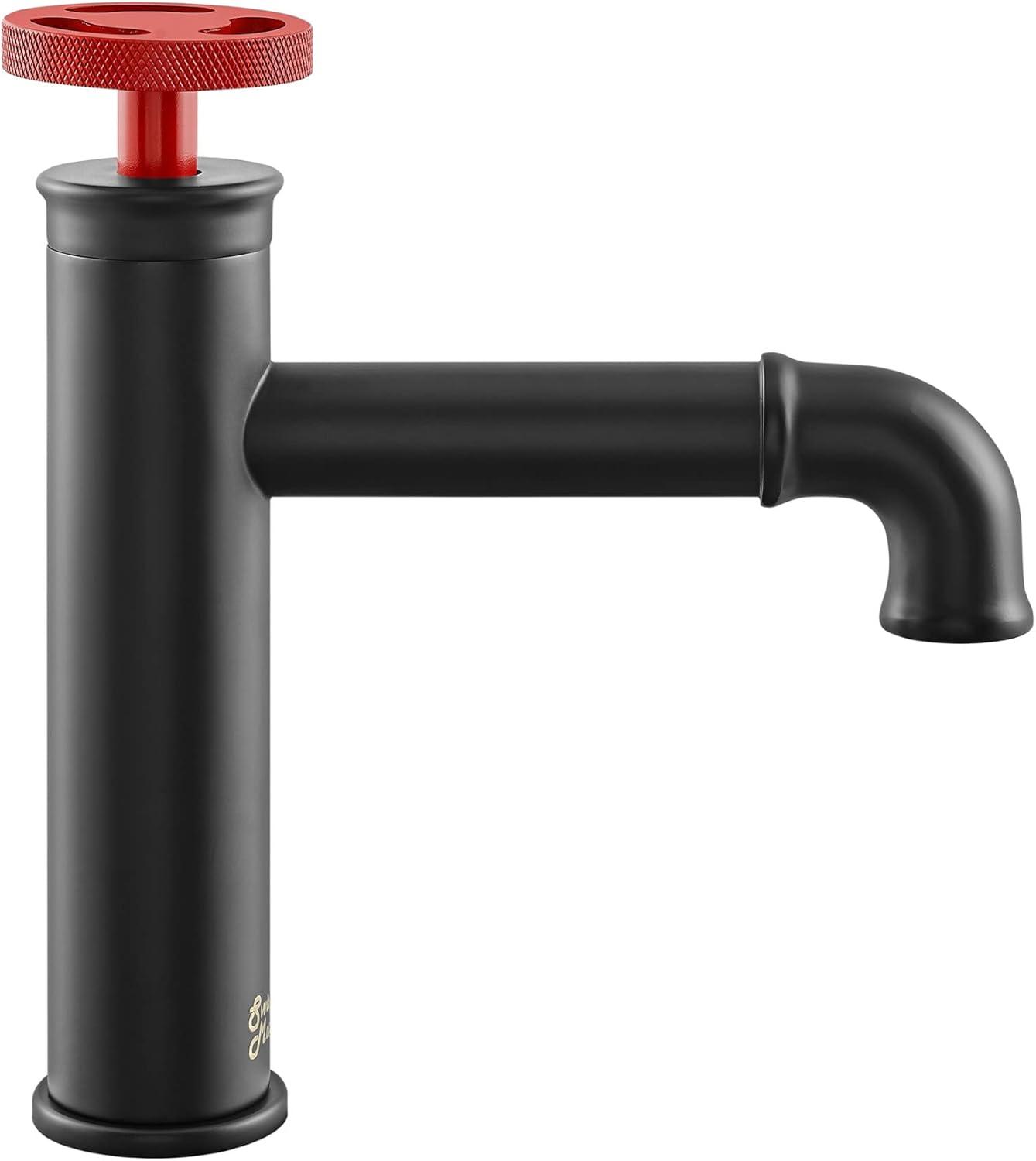 Avallon Single Hole, Single-Handle, Bathroom Faucet in Matte Black with Red Handle