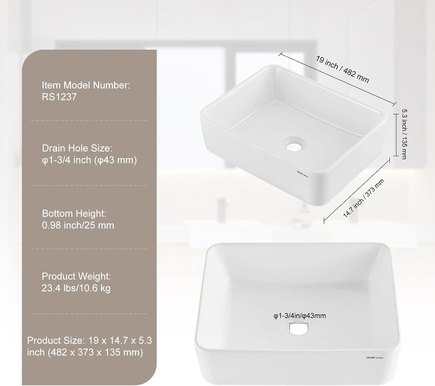 White Ceramic Rectangular Above-Counter Vessel Sink