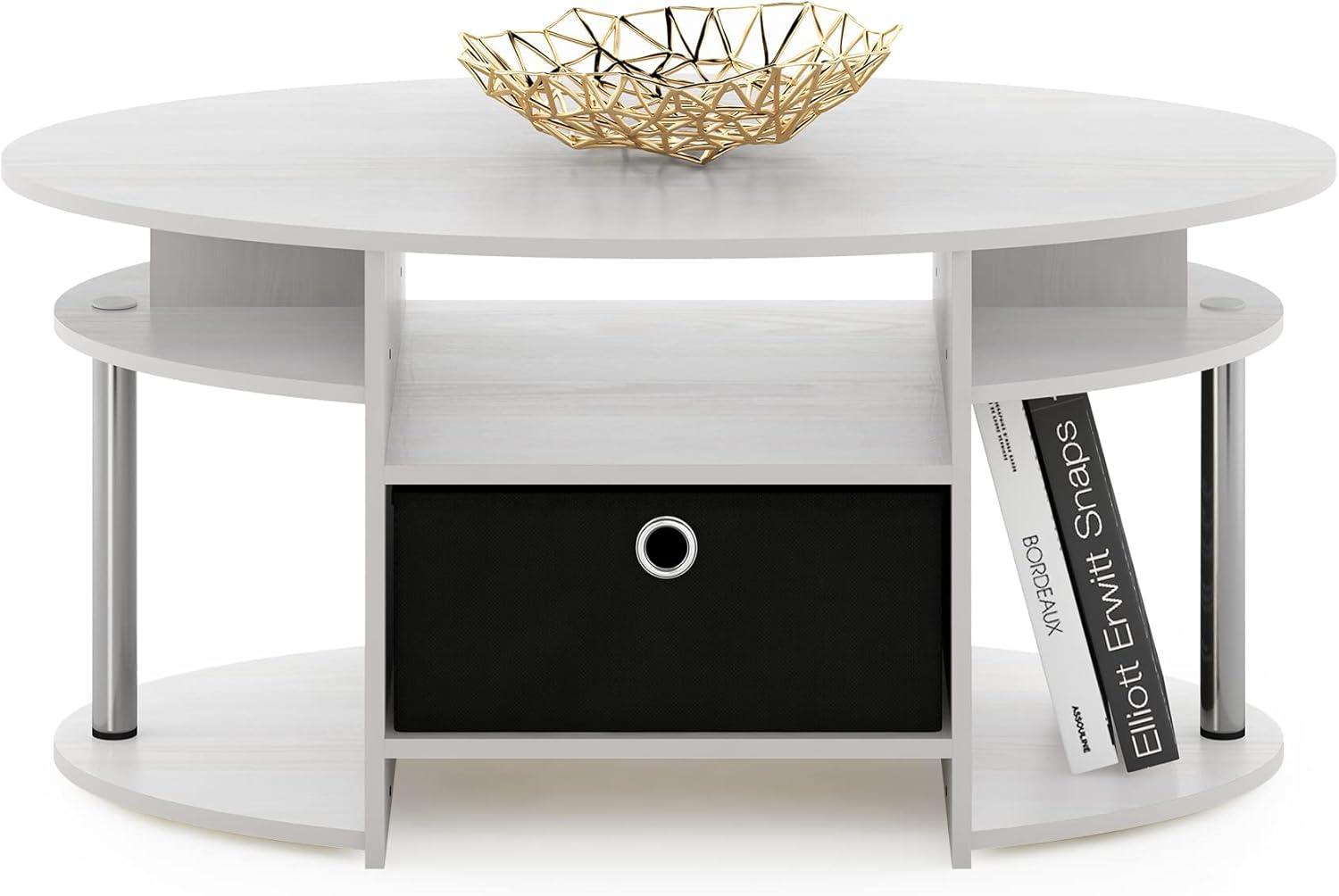 Furinno JAYA Simple Design Oval Coffee Table with Bin, White Oak, Stainless Steel Tubes