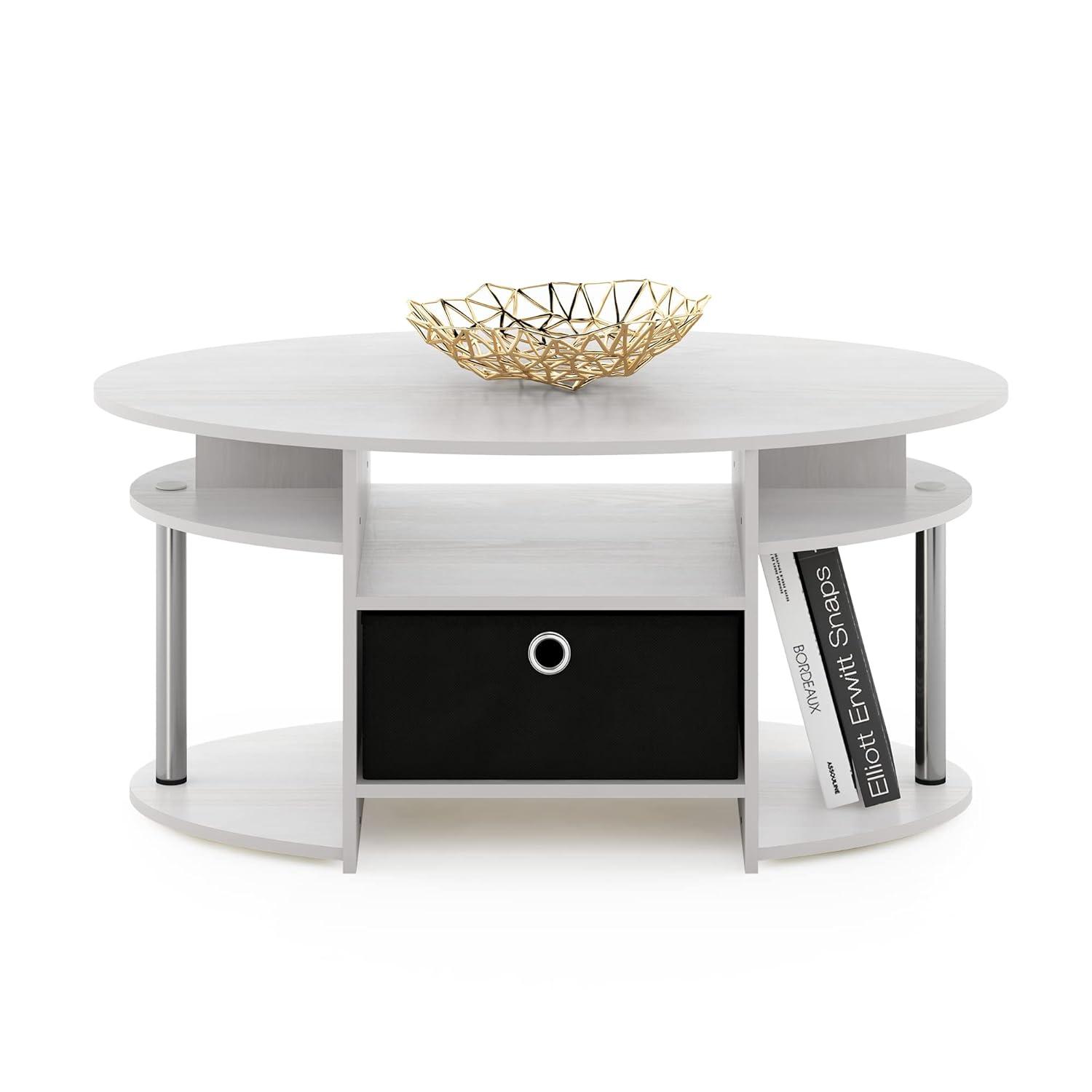 Furinno JAYA Simple Design Oval Coffee Table with Bin, White Oak, Stainless Steel Tubes