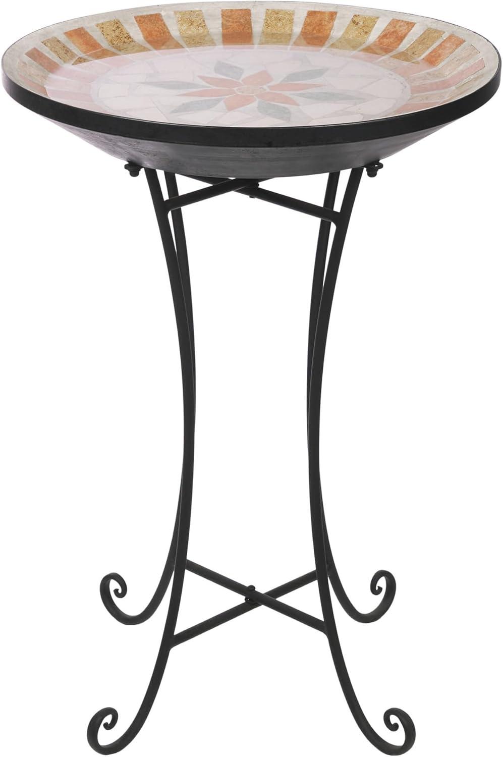 25" Outdoor Decorative Mosaic Birdbath with Metal Stand - Alpine Corporation: Weather-Resistant Iron Base