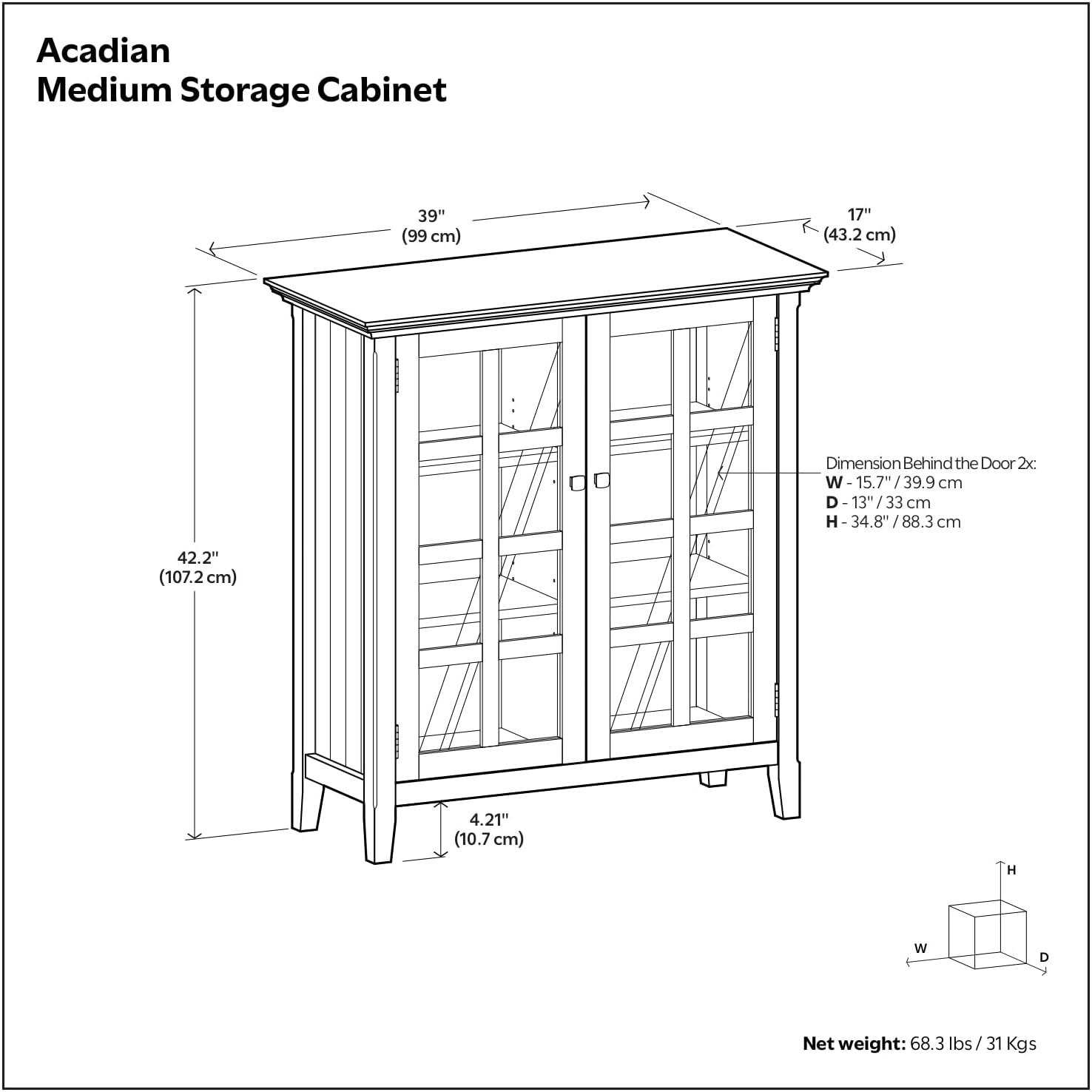 Simpli Home Acadian Solid Wood Shelf Storage Cabinet with Glass Doors and Adjustable Shelves