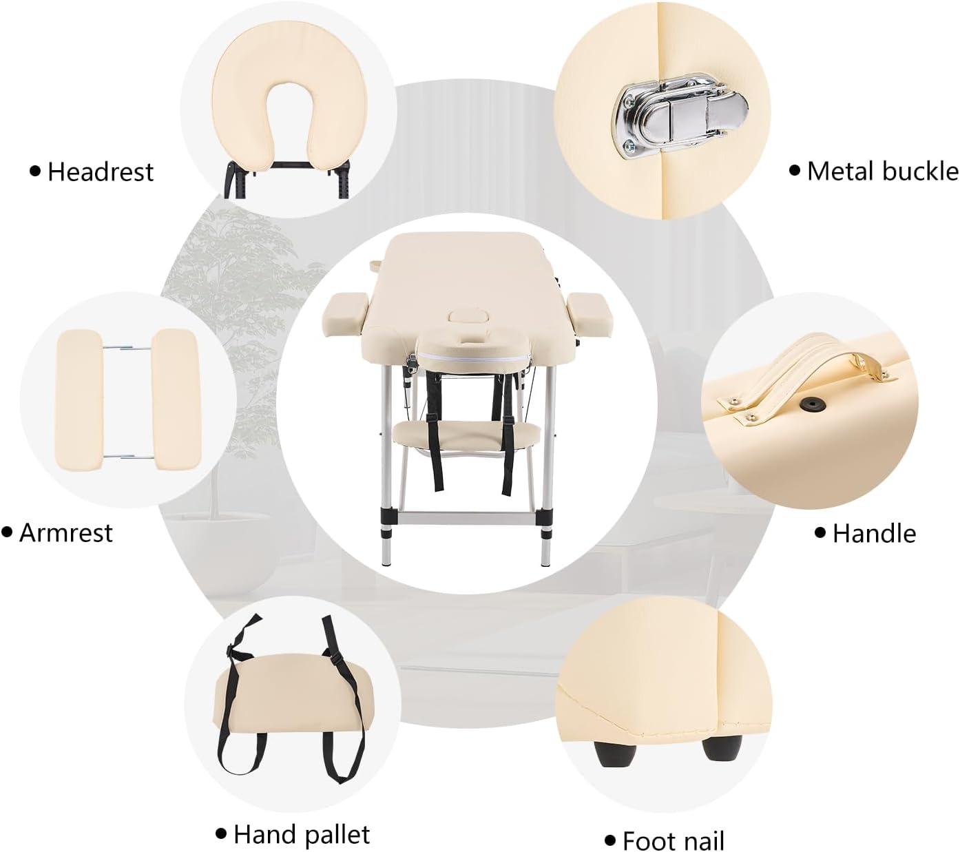 YOUNIKE Massage Tables Portable Lash Bed for Eyelash Extensions Professional Aluminum 3 Folding Lightweight Height Adjustable Facial Spa Beauty Salon Tattoo Home White