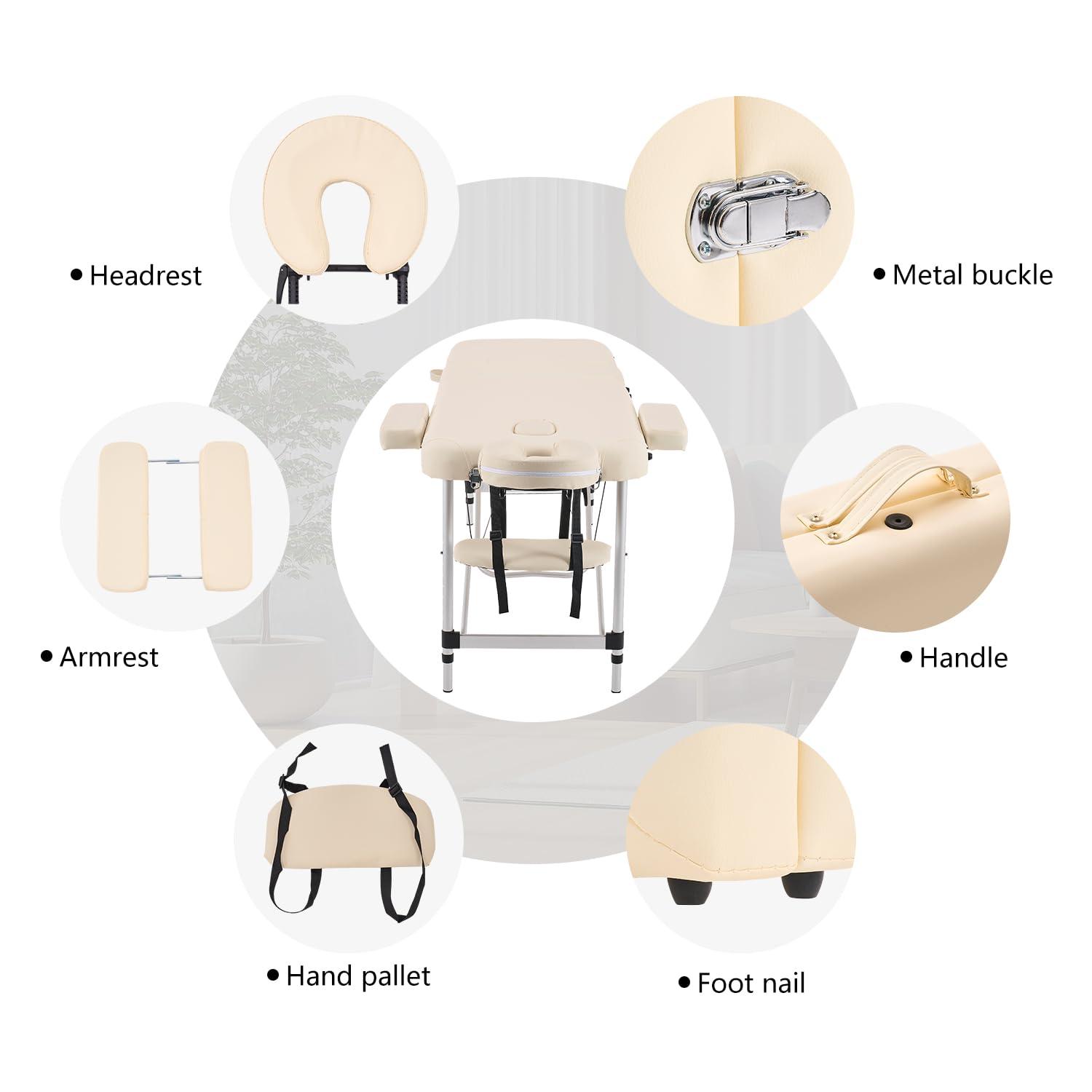 YOUNIKE Massage Tables Portable Lash Bed for Eyelash Extensions Professional Aluminum 3 Folding Lightweight Height Adjustable Facial Spa Beauty Salon Tattoo Home White