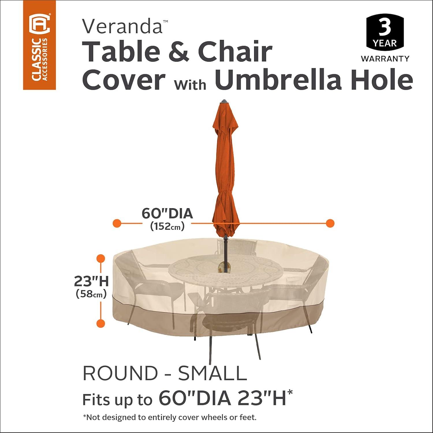 Classic Accessories Veranda™ Round Patio Table & Chair Set Cover with Umbrella Hole - Water Resistant Patio Set Cover, Small