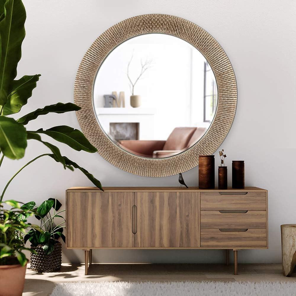 Oversized Round Silver and Gold Textured Wall Mirror