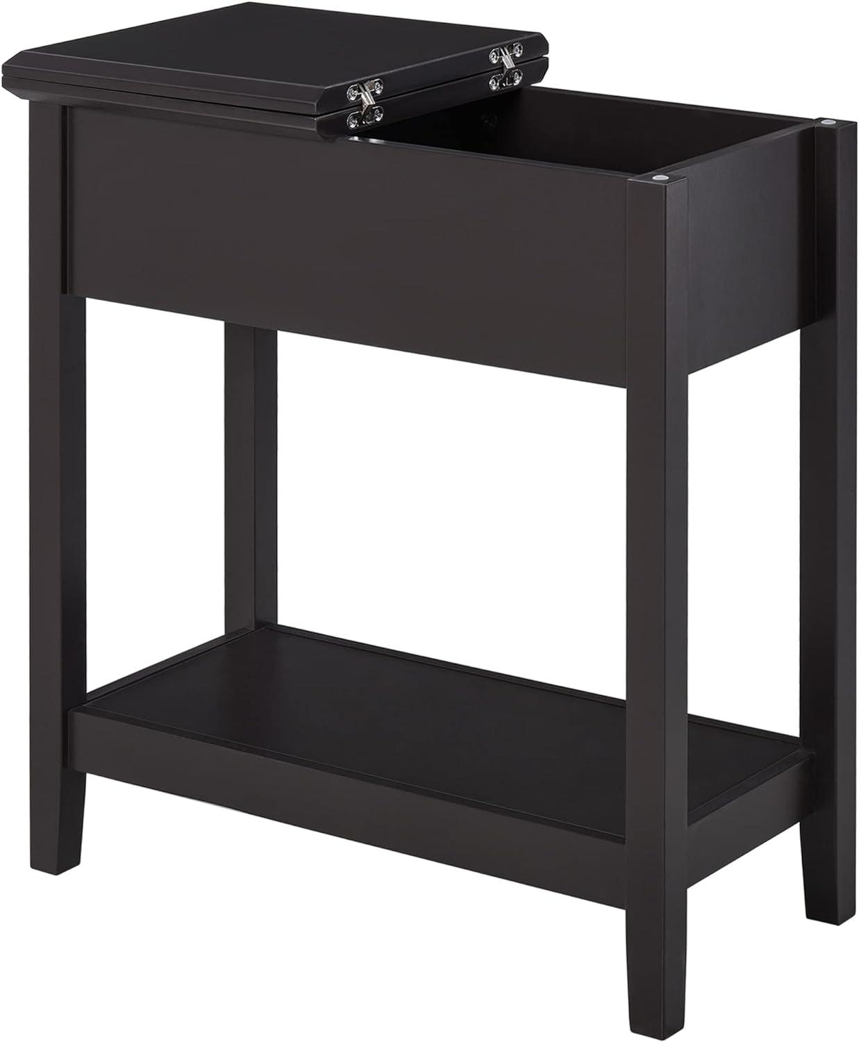 Dark Coffee Narrow Wood End Table with Storage Cabinet and Shelf