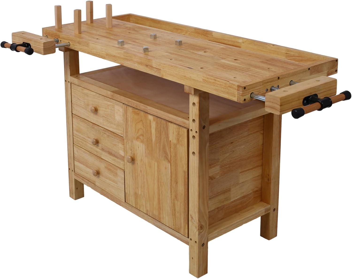 60" Natural Rubberwood Workbench with Drawers and Shelf