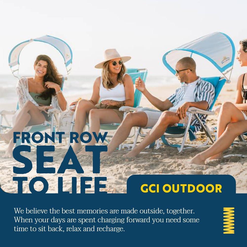 Blue Reclining Beach Chair with Adjustable Canopy and Armrests