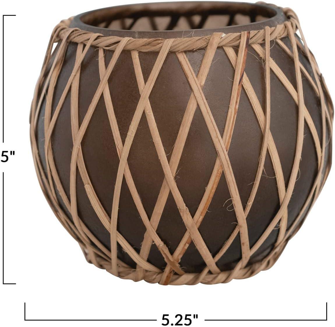 Storied Home Glass Votive Holder with Woven Rattan Sleeve, Brown and Natural