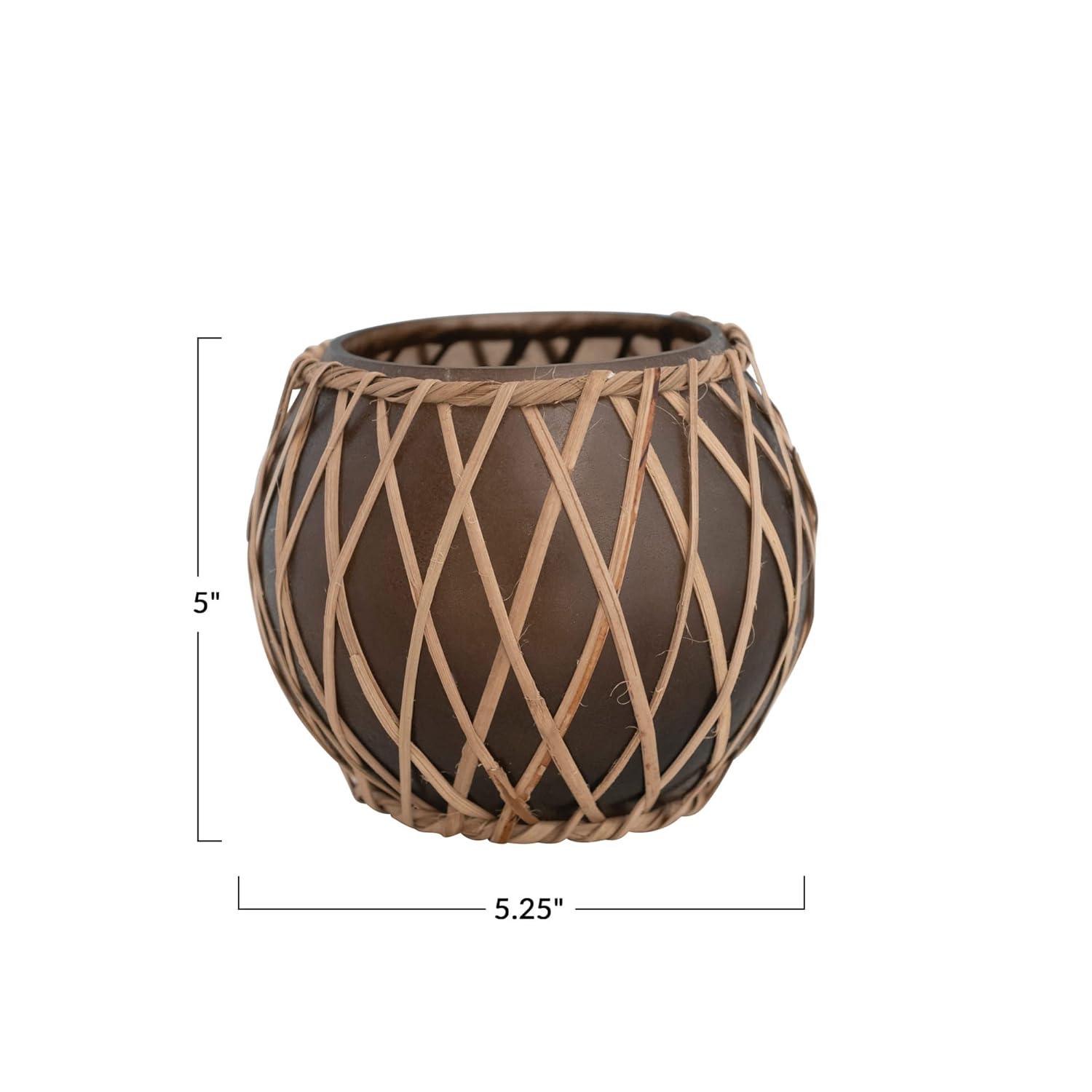 Storied Home Glass Votive Holder with Woven Rattan Sleeve, Brown and Natural