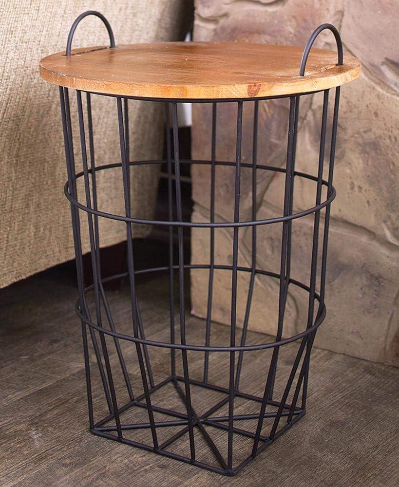 The Lakeside Collection Metal Storage Basket Side Table with Carrying Handles and Wooden Lid