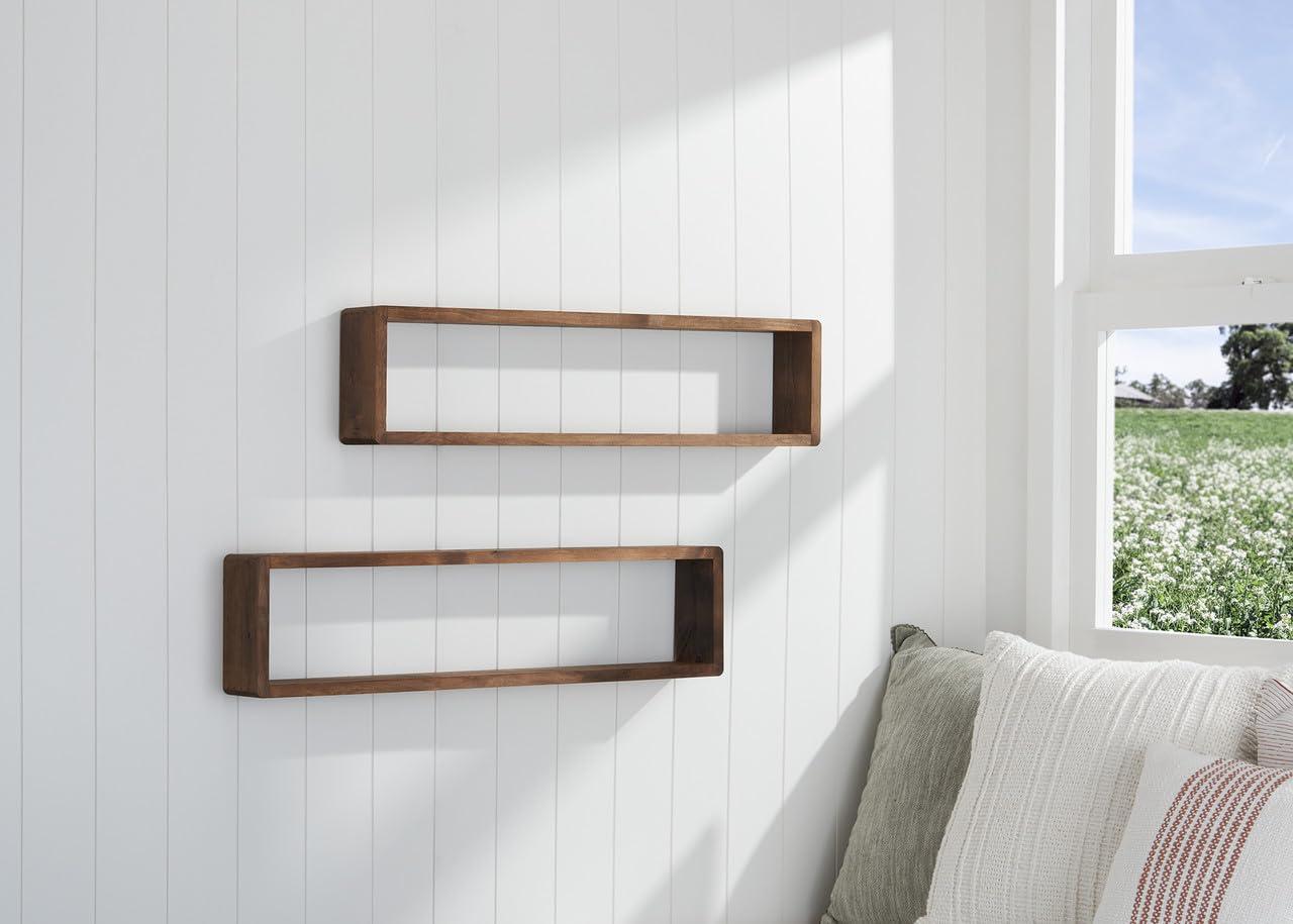 Stackable Floating Shelves, Farmhouse Style Decorative Box Bookshelves for Bedroom, Living Room, and More, Solid Wood, 8" H x 32" W x 4.00" D, Walnut Finish, 2-Pack