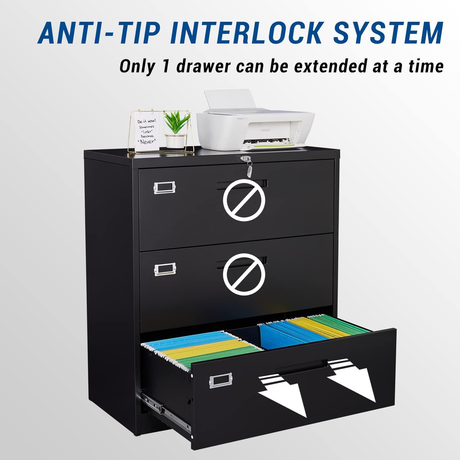 MIIIKO Lateral File Cabinet with Lock, 3 Drawer Lateral Filing Cabinet, Large Deep Drawers Locked by Keys, Metal Storage File Cabinet for Hanging Files Letter/Legal/F4/A4 Size