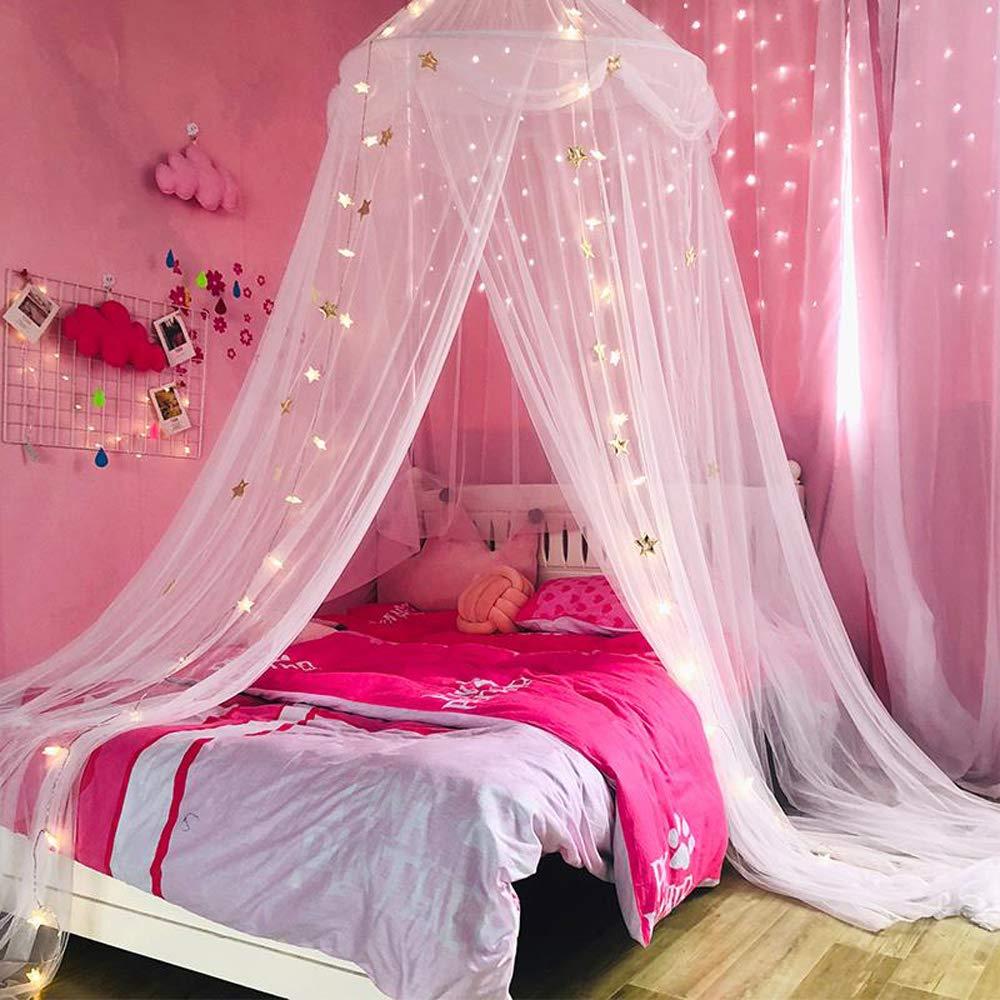 Bed Canopy with Lights for Girls,Gold Star Princess Crib Canopy Curtains,Extra Large Dome Mosquito Net Reading Nook Canopy for Kids Boys Twin Full Queen Size Bed,Fire Retardant Fabric