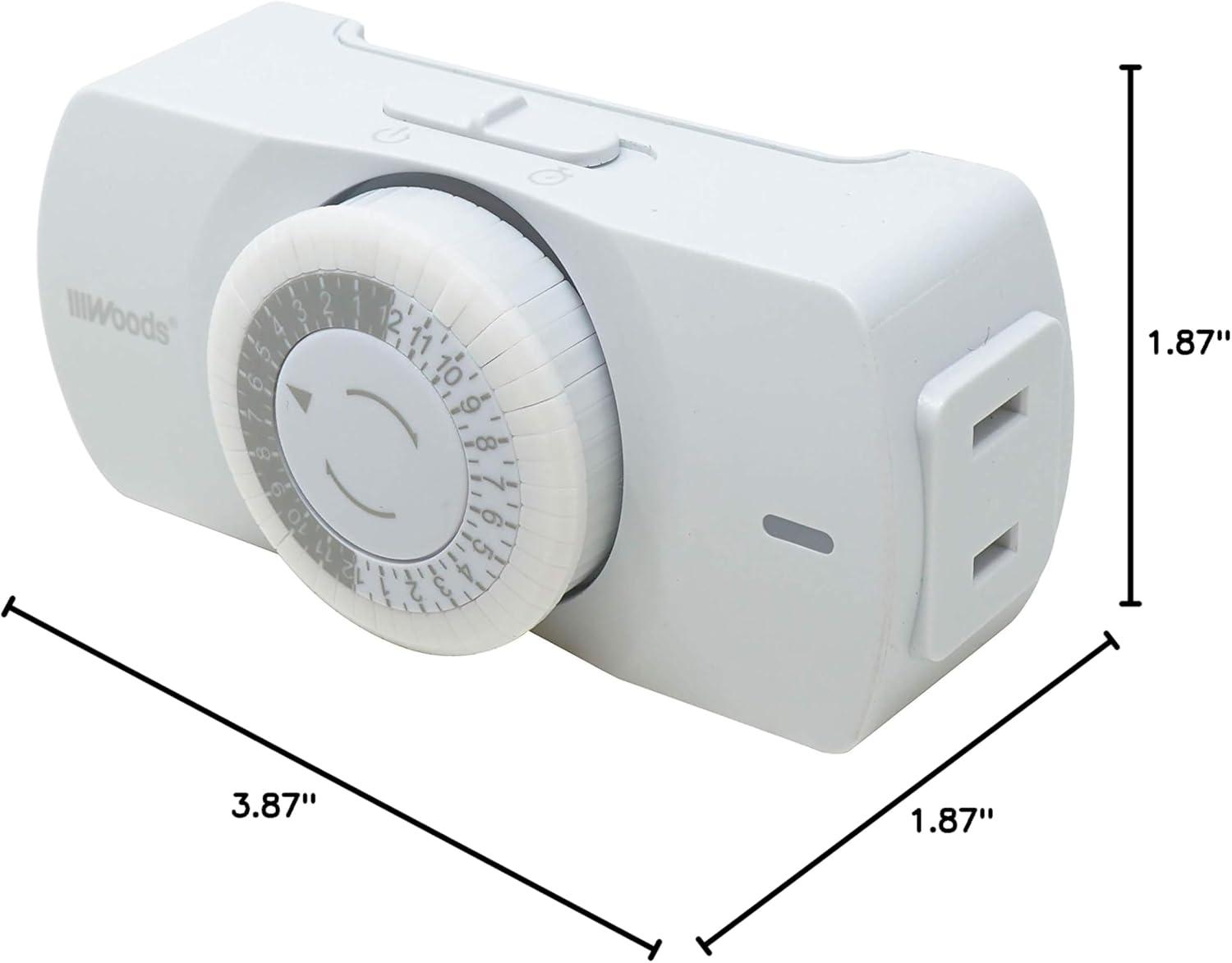 Woods 50101WD Easy-to-use Narrow Style Indoor 24-Hour Mechanical Timer, Single 2-prong (polarized) Outlet, White