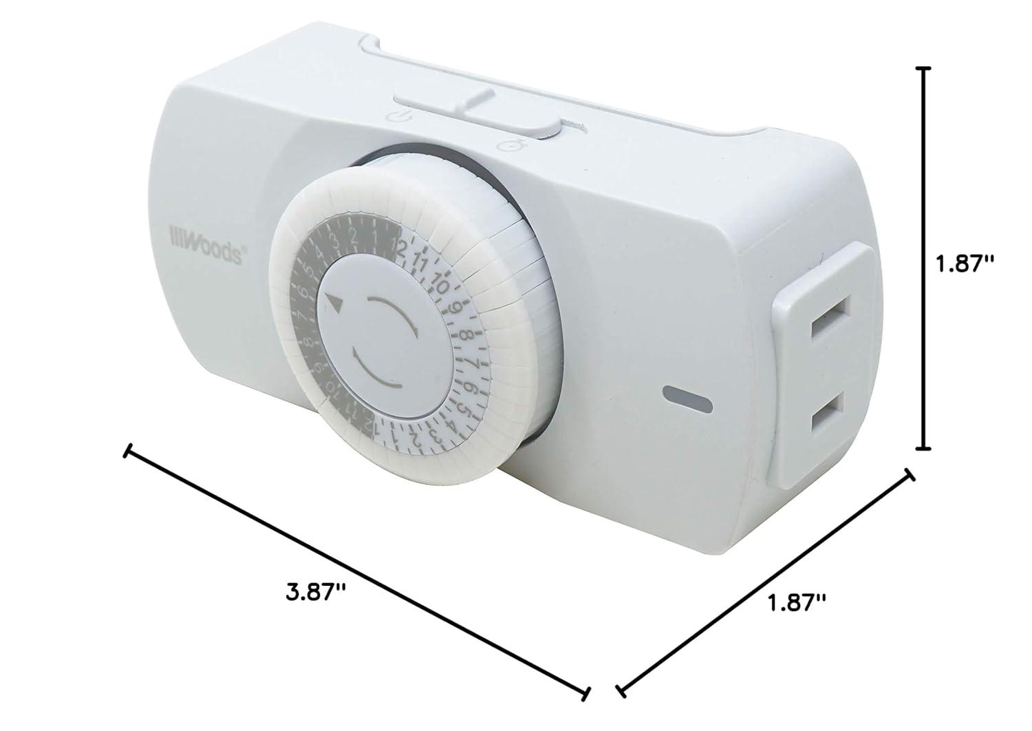 Woods 50101WD Easy-to-use Narrow Style Indoor 24-Hour Mechanical Timer, Single 2-prong (polarized) Outlet, White