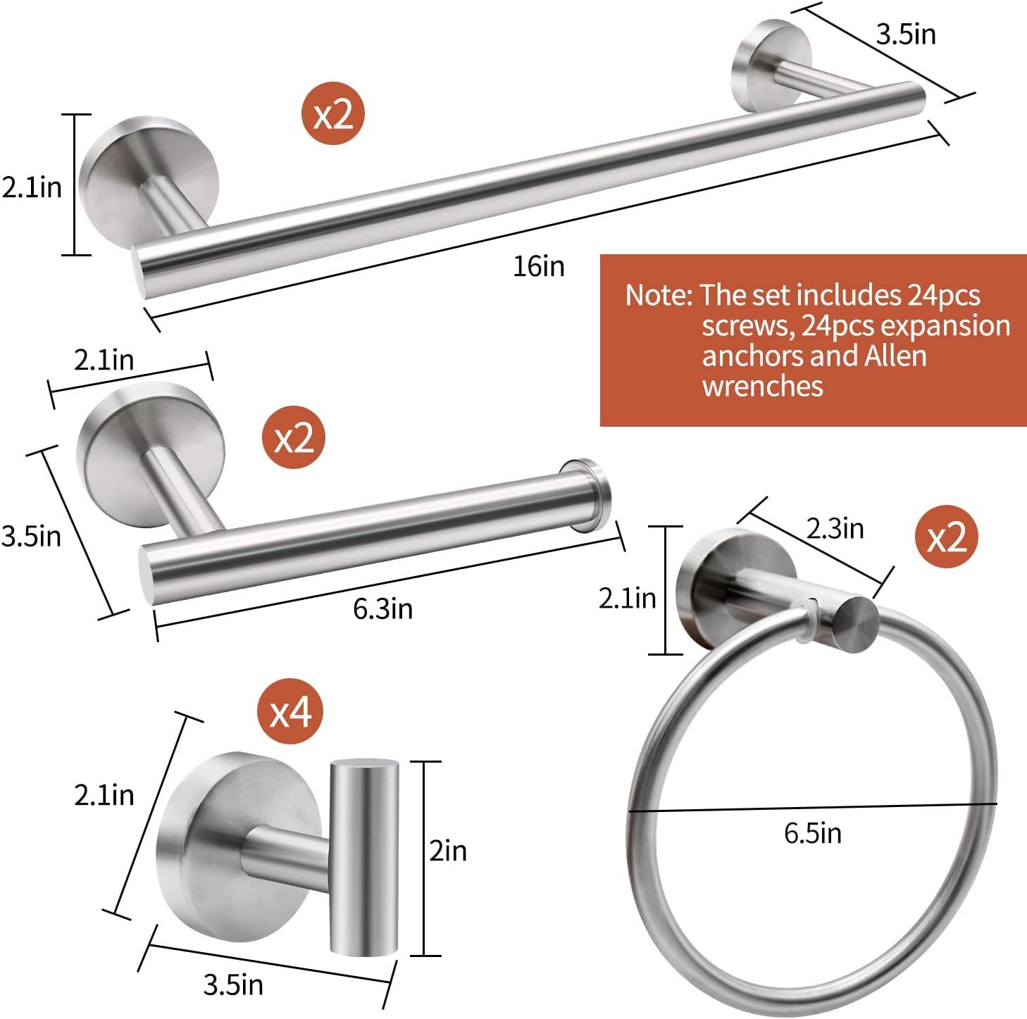 10 Pieces Brushed Nickel Bathroom Hardware Set Include 16inch Towel Bar,4pcsTowel Hooks,Toilet Paper Holder,Hand Towel Ring Round SUS304 Stainless Steel Bathroom Accessories Set