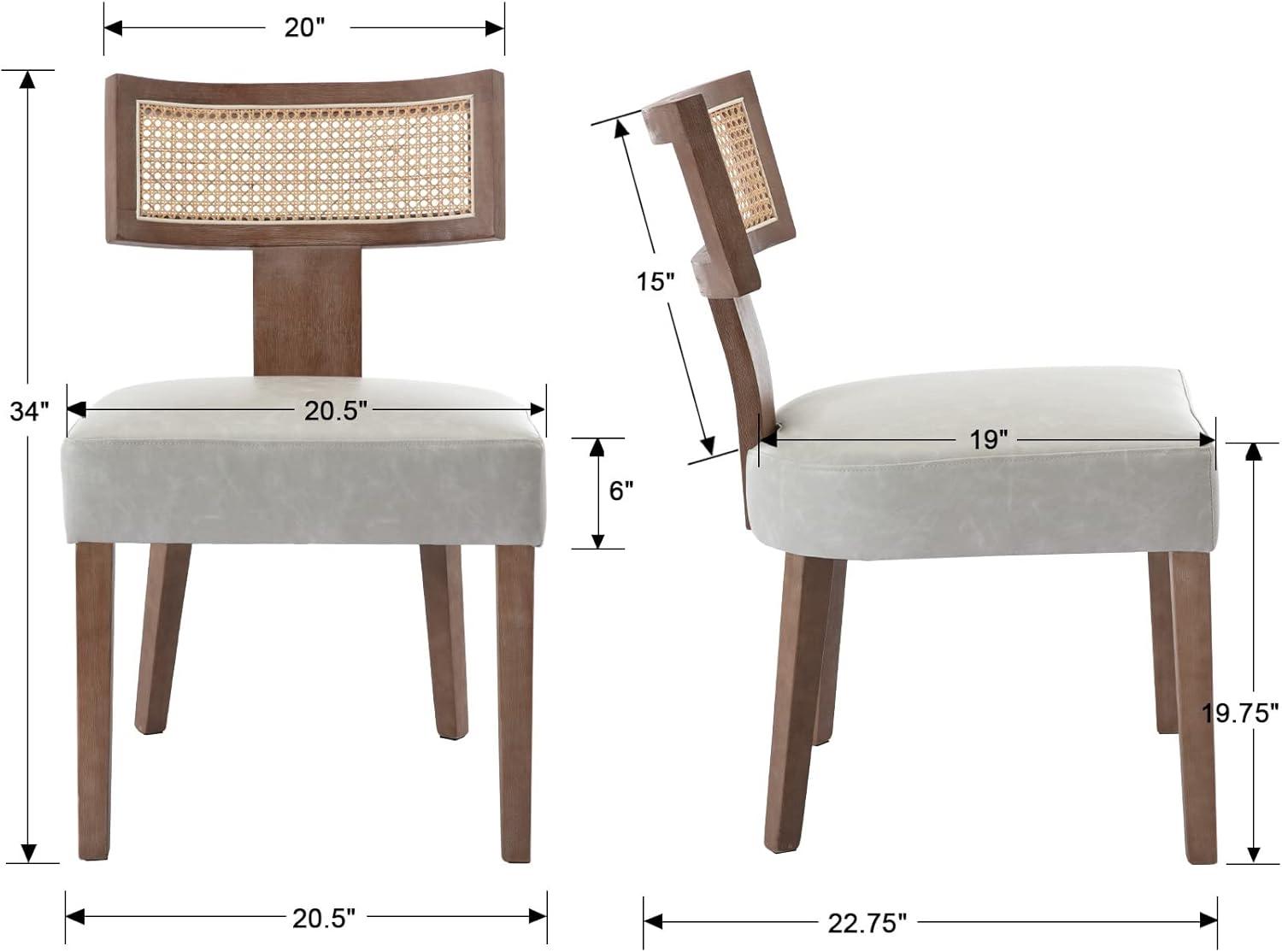 Rattan Dining Chairs Set of 2, Mid-Century Modern Dining Chairs, Kitchen Dining Room Chairs, Curved Cane Back Upholstered PU Leather Dining Chairs with Wood Frame, Grey