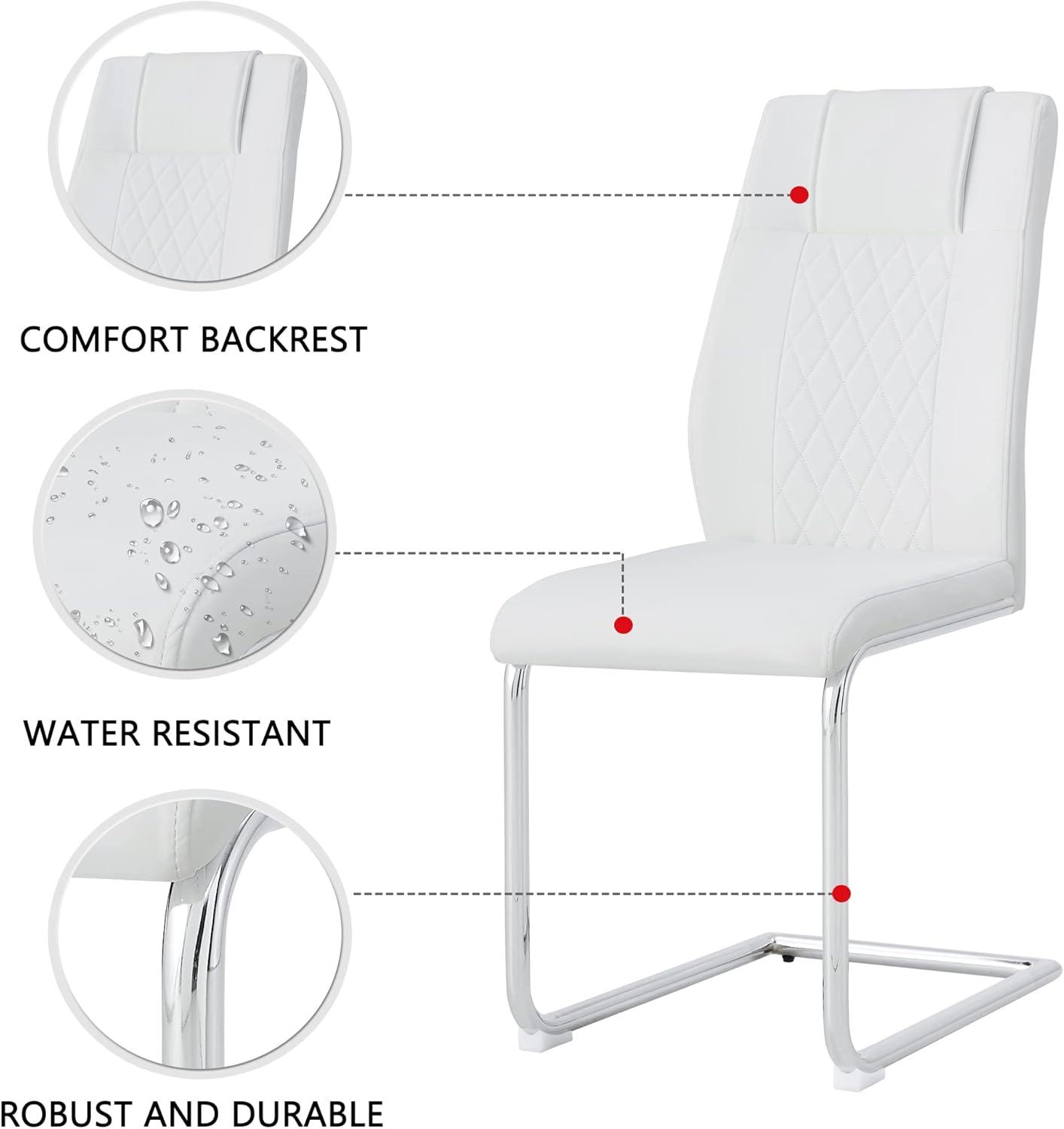 Faux Leather Dining Chairs Set of 4, PU Leather Accent Chairs with Backrest, Metal Legs, 4pcs Armless Parsons Chair for Bed Room,Kitchen, Living Room, White+Silver
