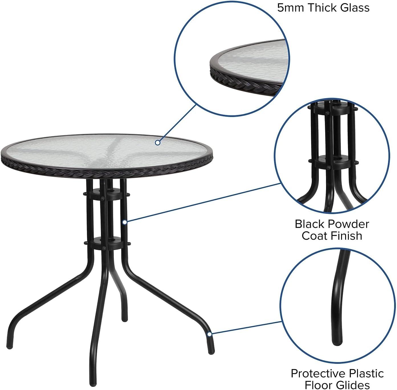 Flash Furniture 28'' Round Tempered Glass Metal Table with Black Rattan Edging