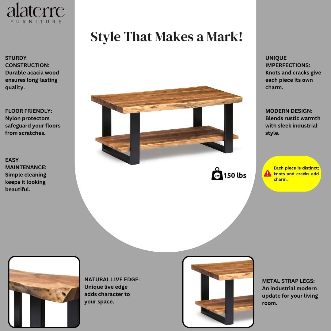 Alpine Live Edge Wood Coffee Table Natural - Alaterre Furniture: Acacia Sofa Table, Metal Legs, Rectangular