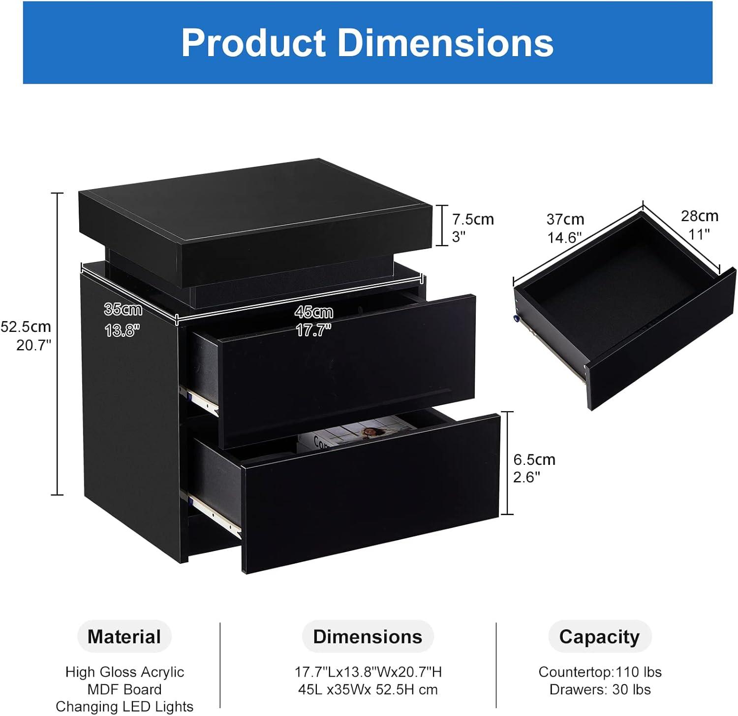White High Gloss 3-Drawer Nightstand with LED Lights