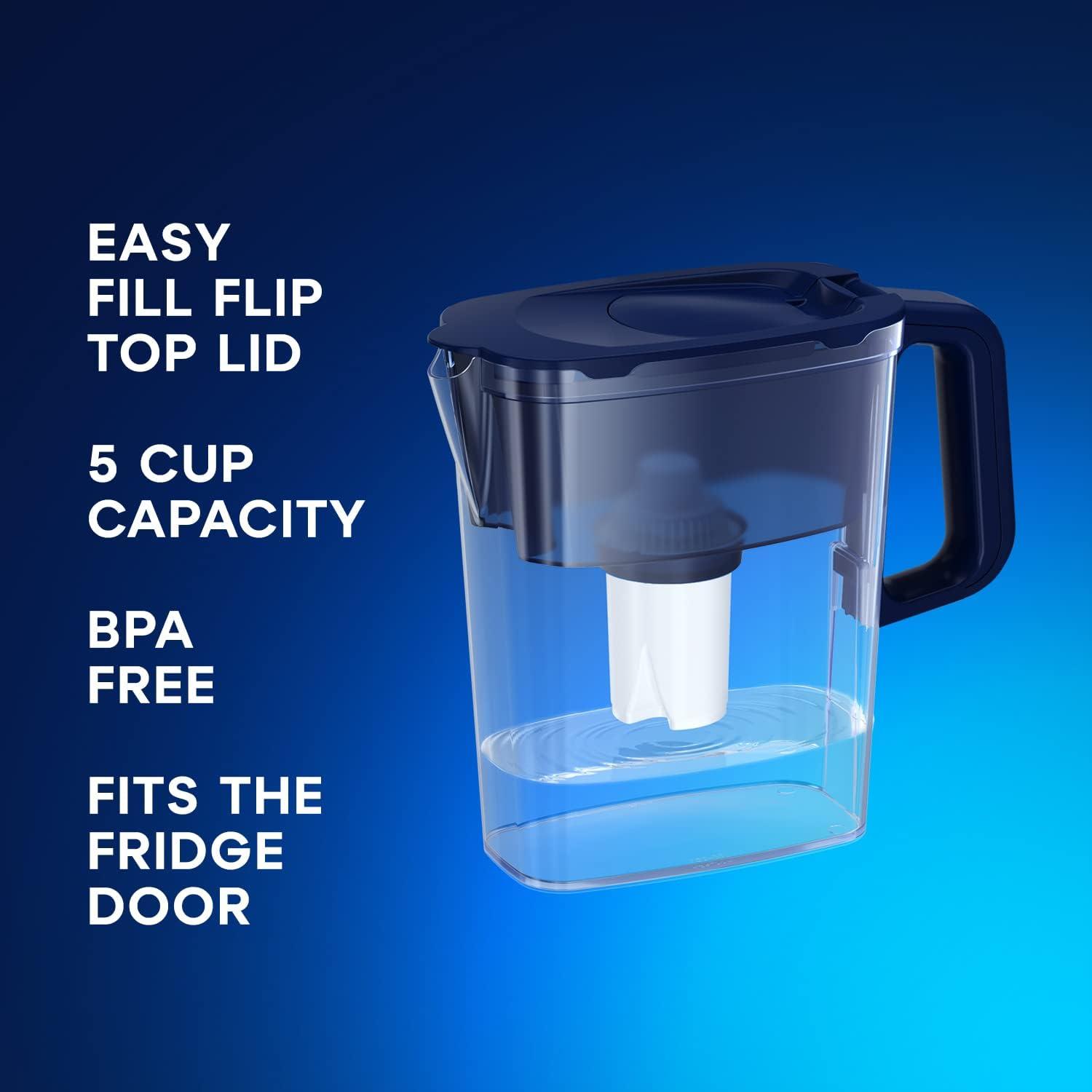 AQUAPHOR Compact 5-Cup Water Filter Pitcher – Dark Blue with 1 x B15 Filter - Fits in the Fridge Door - Reduces Limescale and Chlorine - Ideal for Five Cups