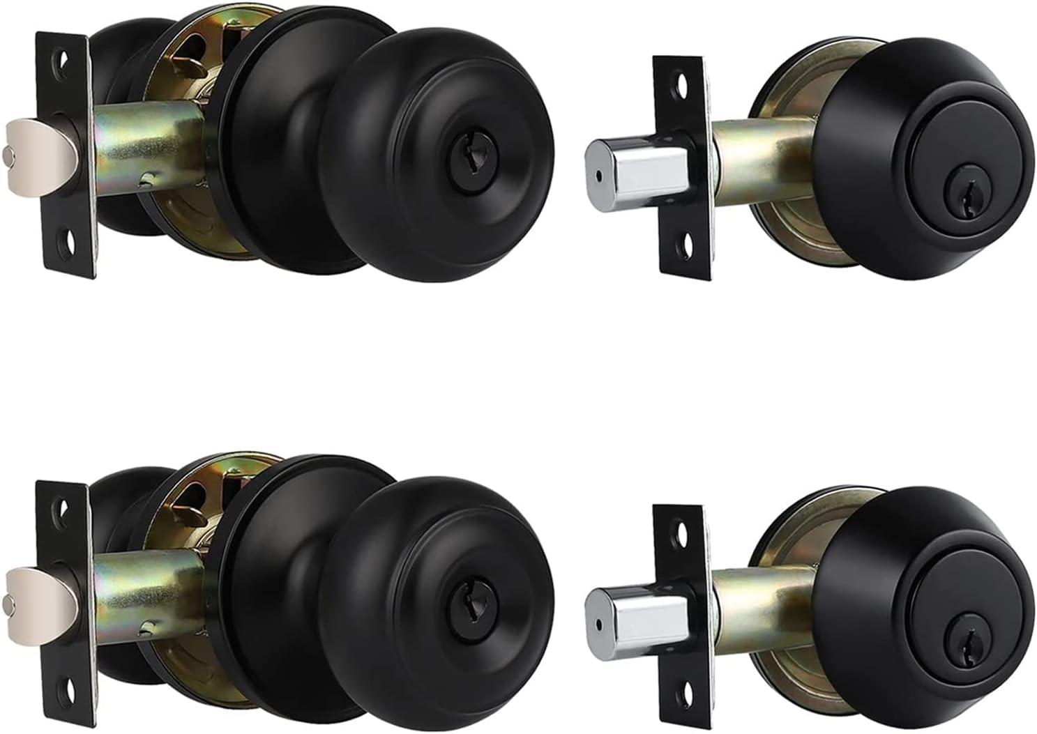 Matte Black Alloy Steel Round Door Knob Set with Deadbolt