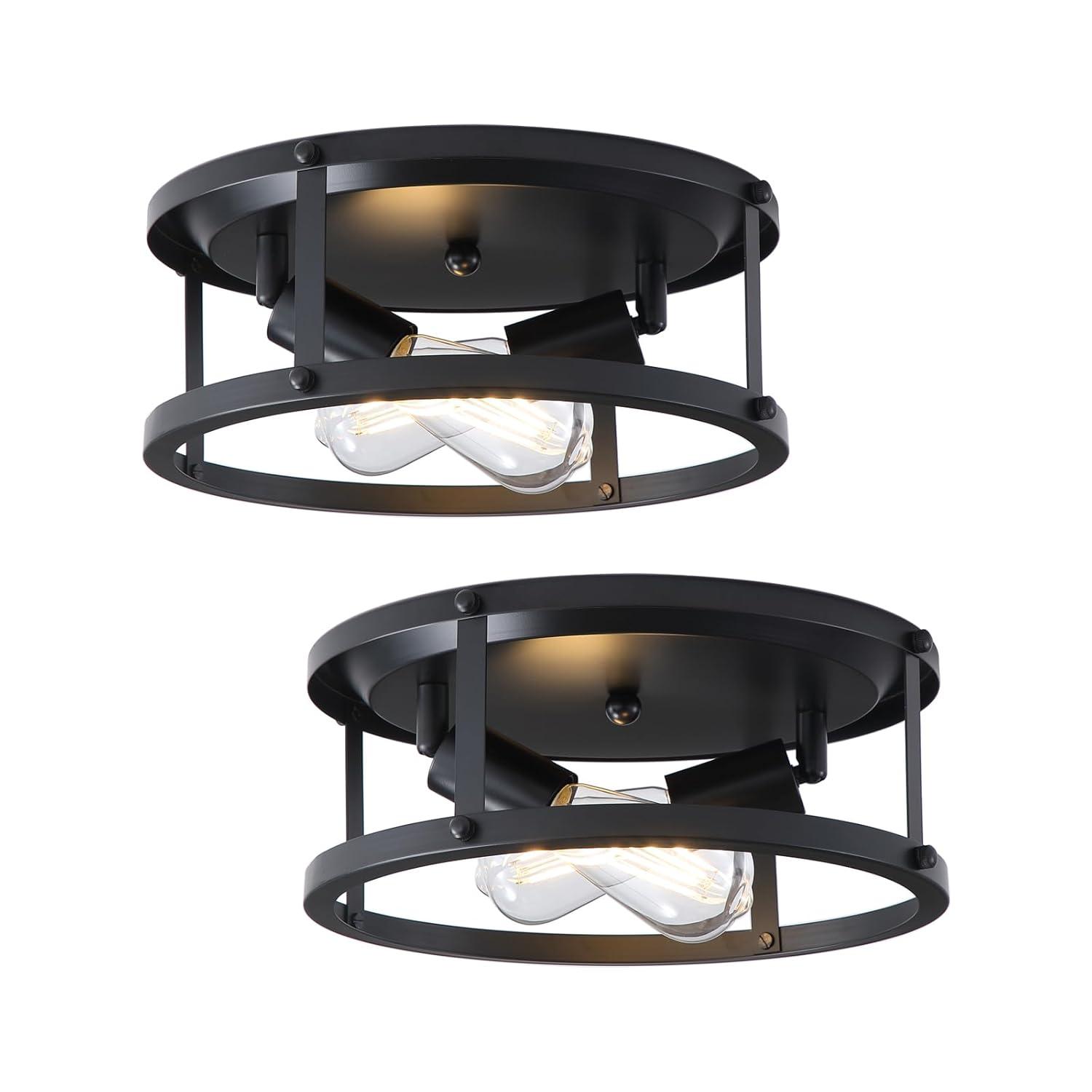 2 Pack Black Farmhouse Flush Mount Ceiling Light,2-Light Rustic Hallway Lighting Fixtures,Industrial Light Fixtures Ceiling Mount for Kitchen Hall Entry Bedroom Closet