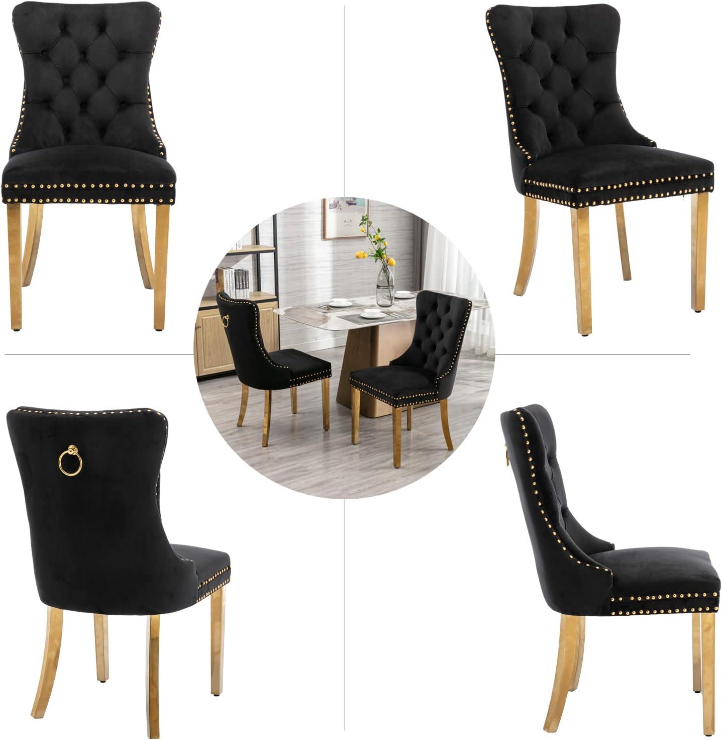 ODUSE-DAILY Black Velvet Dining Chairs Set of 4, Kitchen & Dining Room Chairs, Nailheads Tufted, Sillas De Comedor, Fabric Upholstered, Golden Metal Legs (Black, 4 Pcs)