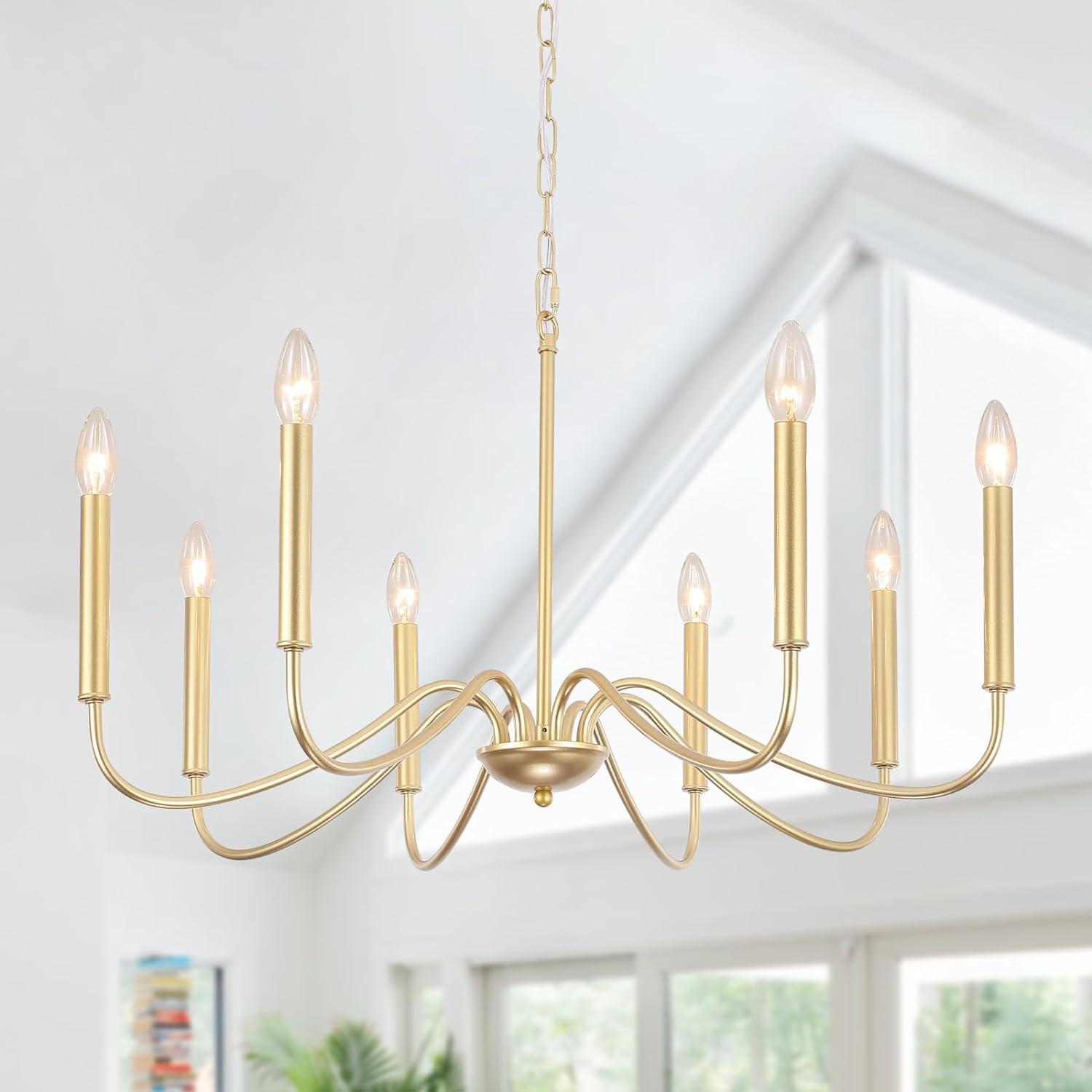 Generies Antique Gold Farmhouse Chandelier, 8 Light Rustic Lighting Fixture Modern Industrial Candle Ceiling Light for Dining Room, Bedroom, Foyer, Living Room, Kitchen Island, Entryway