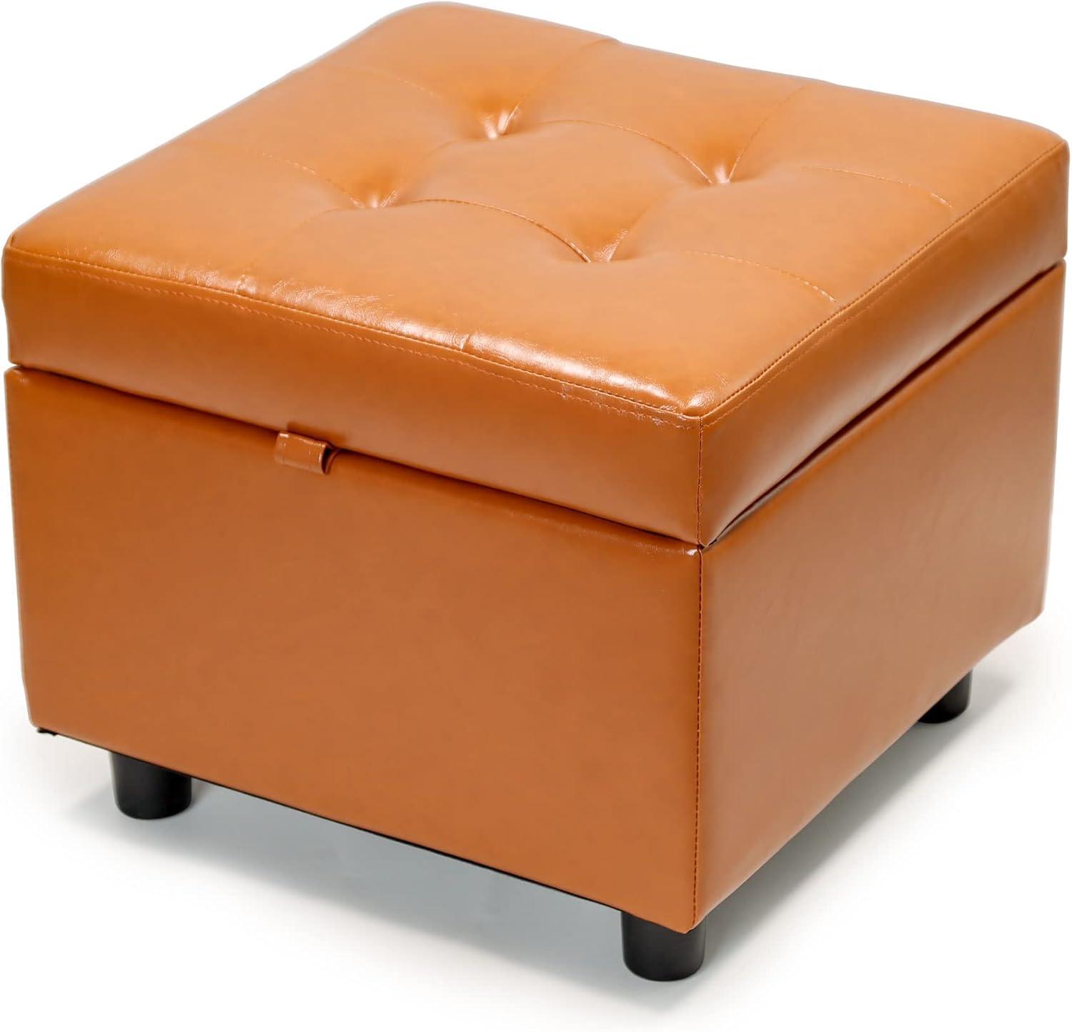 Classic Tufted Tan Leather Round Storage Ottoman with Black Legs