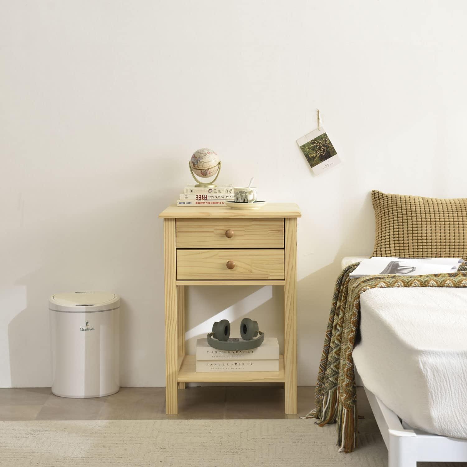 Better Home Products Solid Pine Wood 2 Drawer Nightstand in Natural